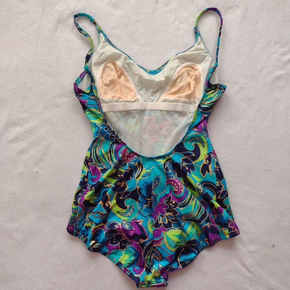 Vintage 980s 90s Jantzen Swimsuit M L Bright Jewel Tone Metallic One Piece 16 - Picture 6 of 9